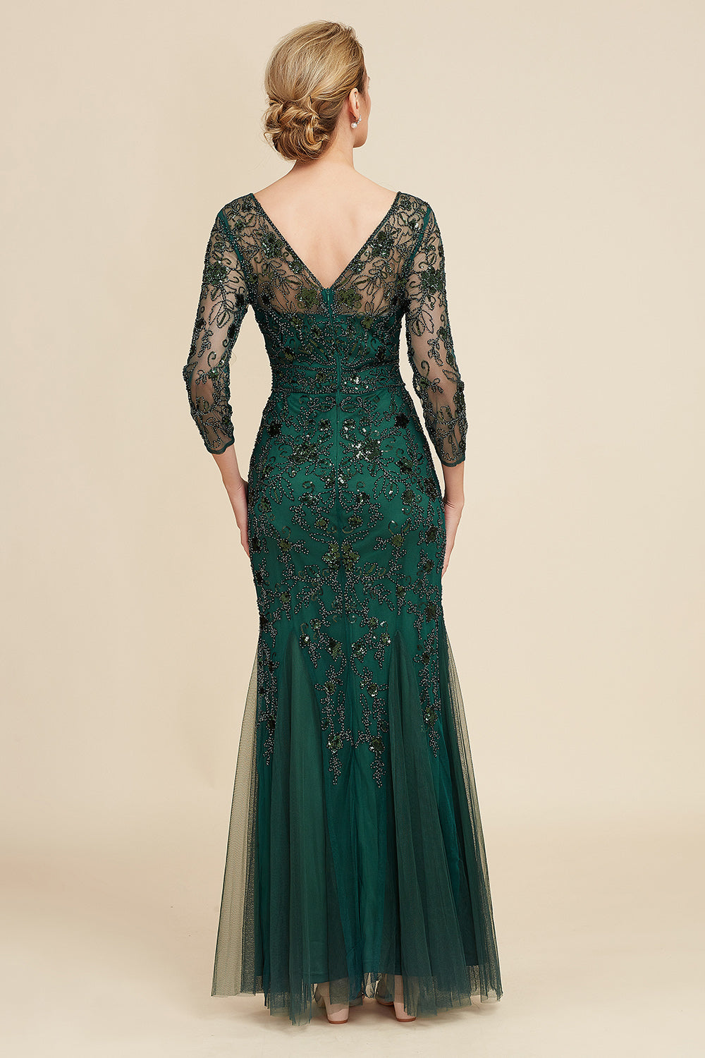 Dark Green Mermaid Beading Long Mother of Bride Dress with Long Sleeves