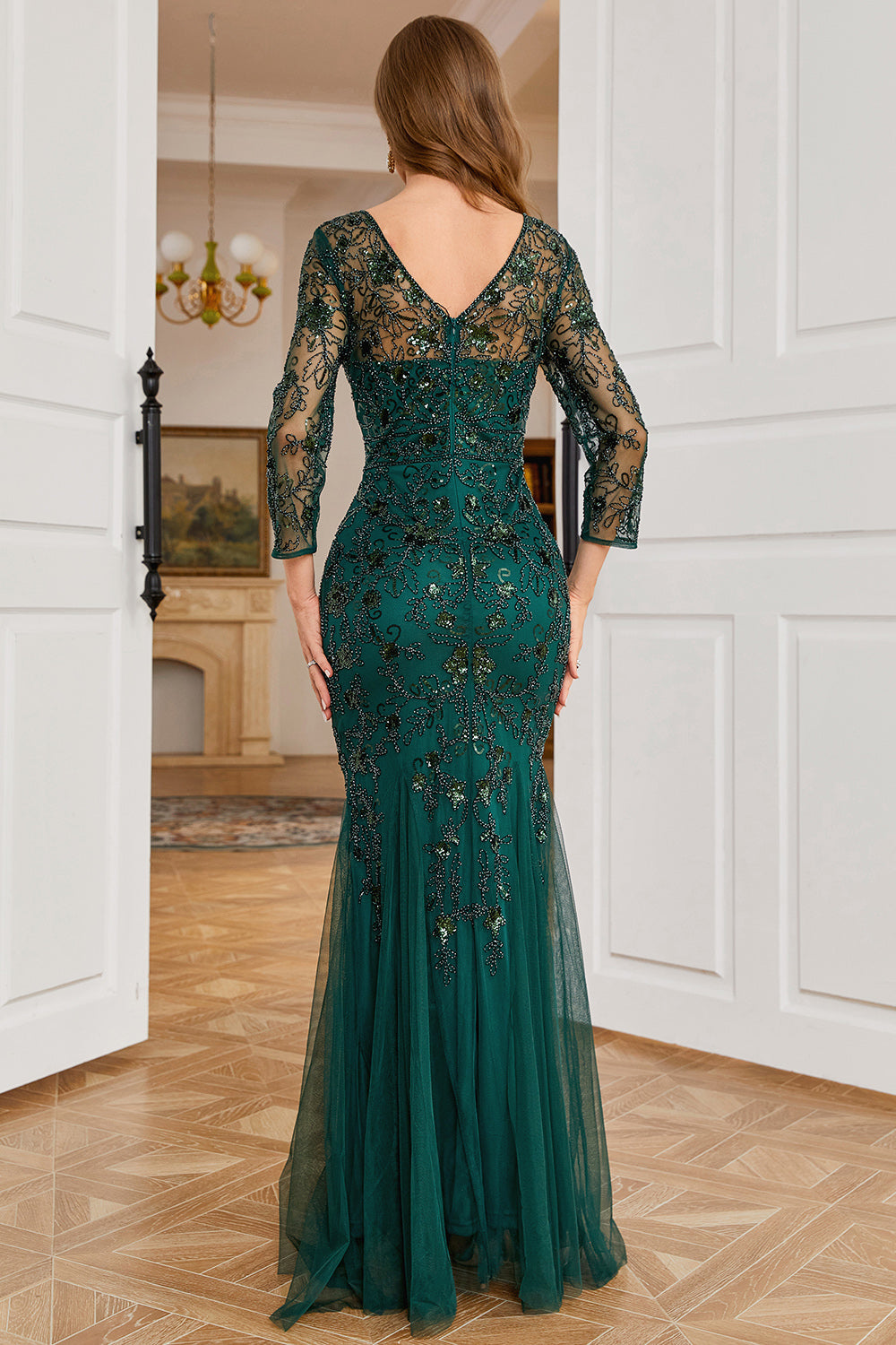 Dark Green Mermaid Beading Prom Dress with Long Sleeves