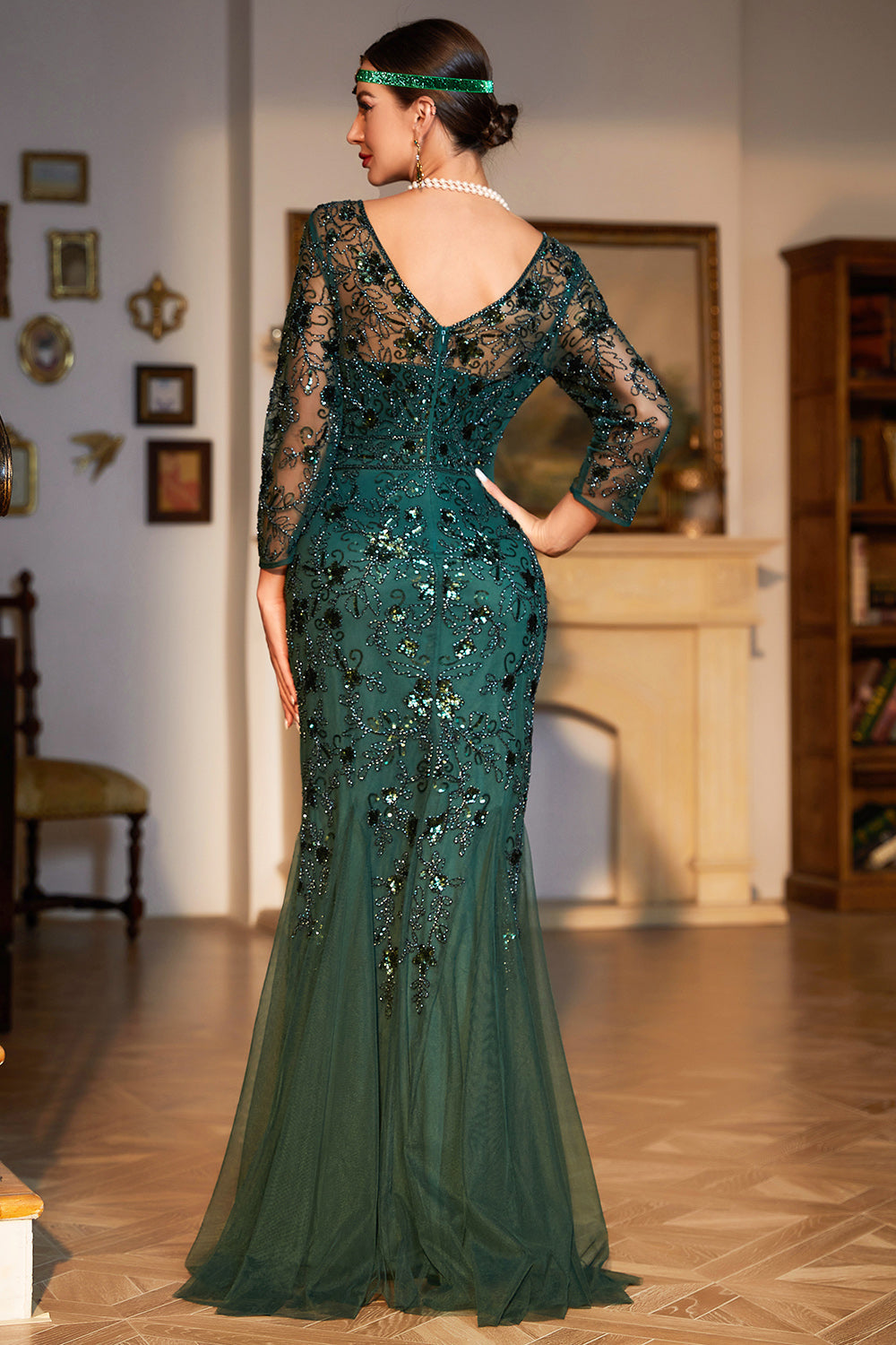 Dark Green Mermaid Long Sleeves Fringed Beaded Party Dress With Sequins