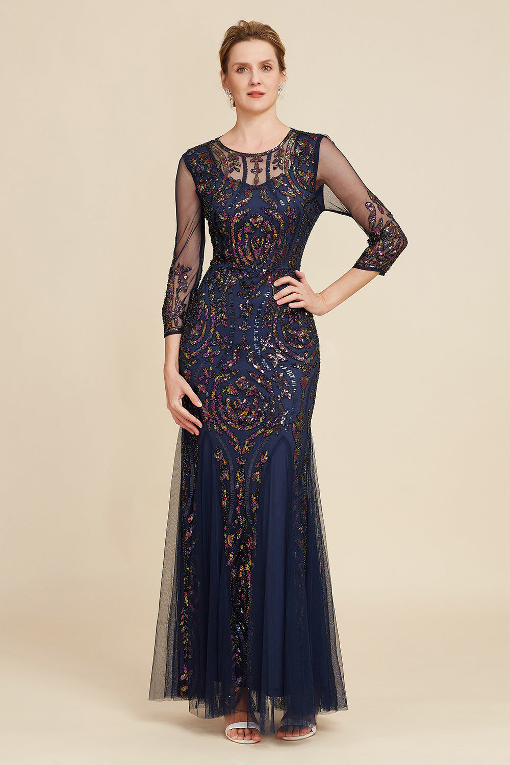 Navy Mermaid Sequin Floor Length Mother of The Bride Dress with Long Sleeves