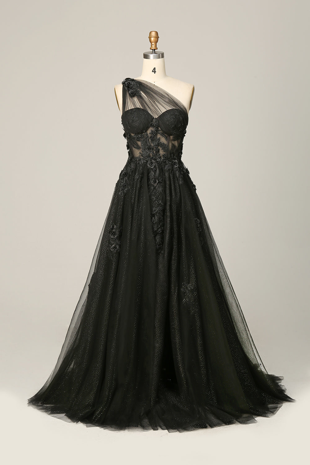 Black A Line One Shoulder Long Wedding Dress with Appliques