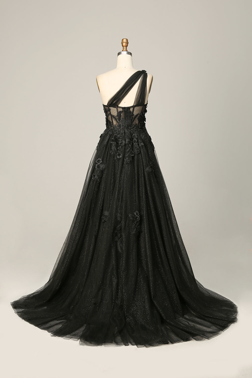 Black A Line One Shoulder Long Wedding Dress with Appliques