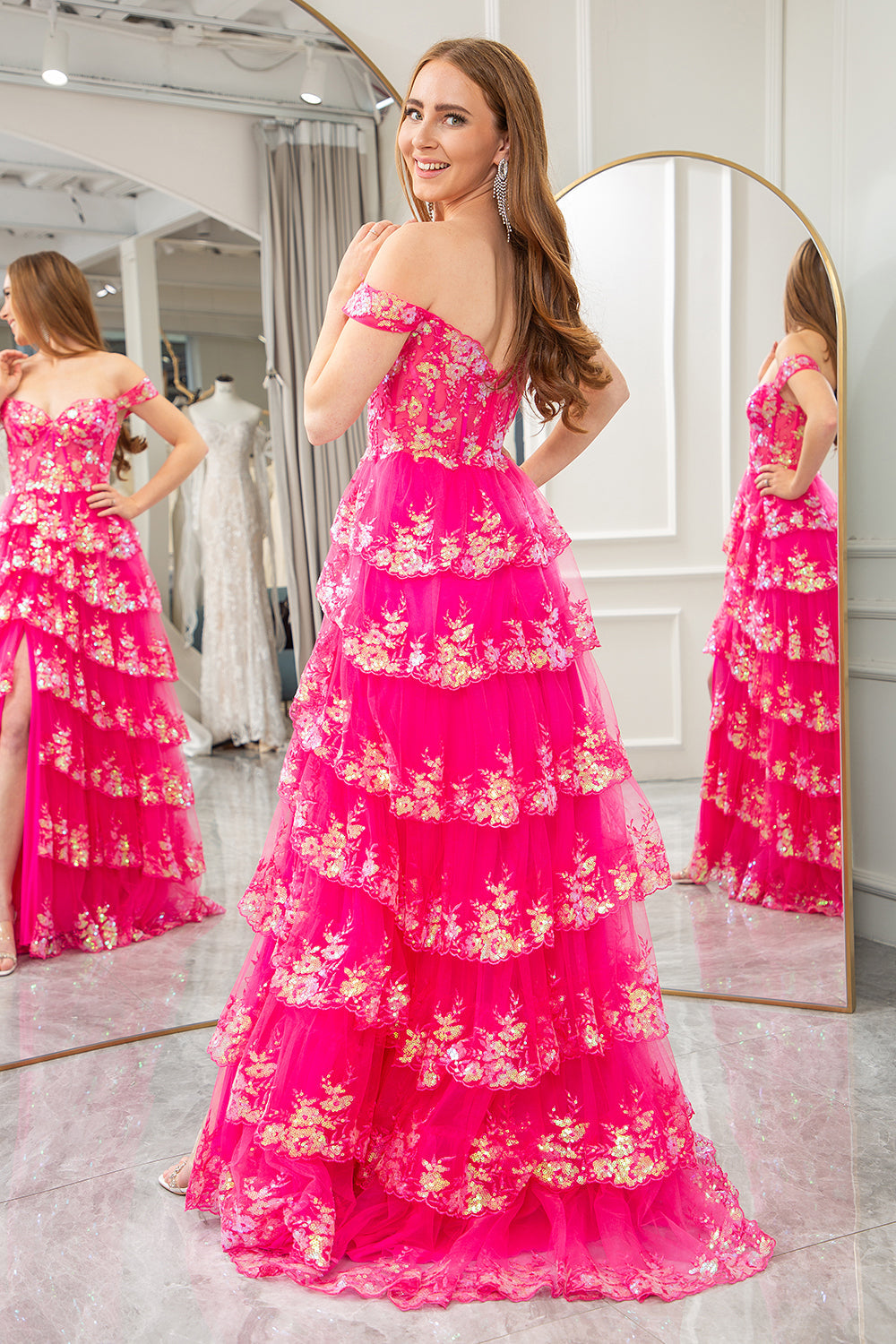 Sparkly Fuchsia A-Line Off The Shoulder Tiered Long Prom Dress with Slit