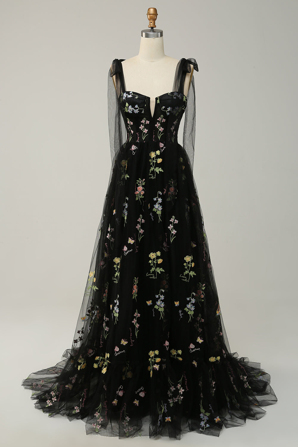 Black A Line Spaghetti Straps Corset Long Prom With Embroidery