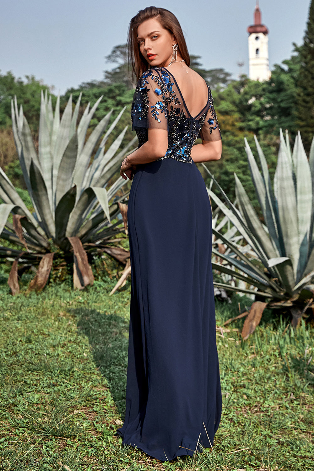 Navy Sheath Round Neck Appliques Sequin Floor Length Dress