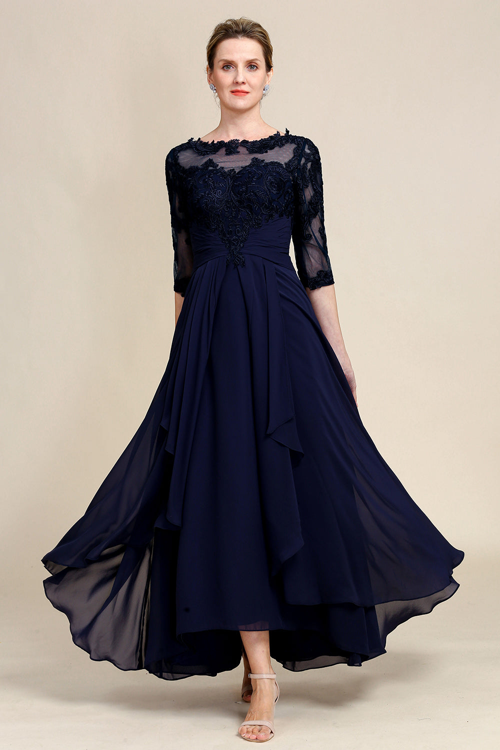 Asymmetrical Appliques Long Mother of Bride Dress with Half Sleeves