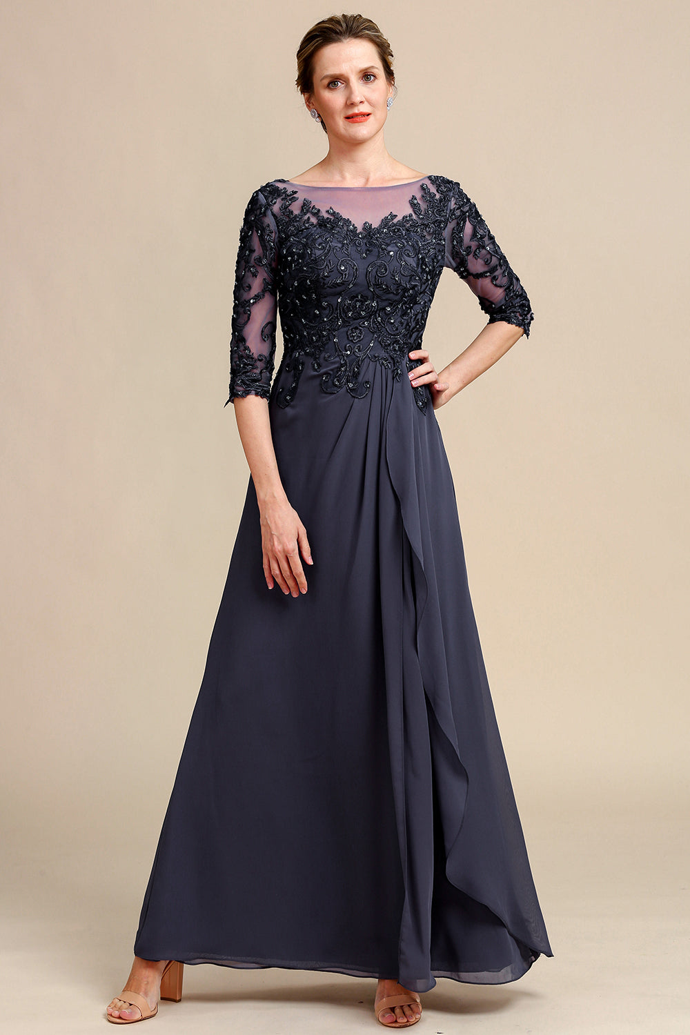 Grey Blue Round Neck A Line Long Chiffon Mother Of Bride Dress With Beading