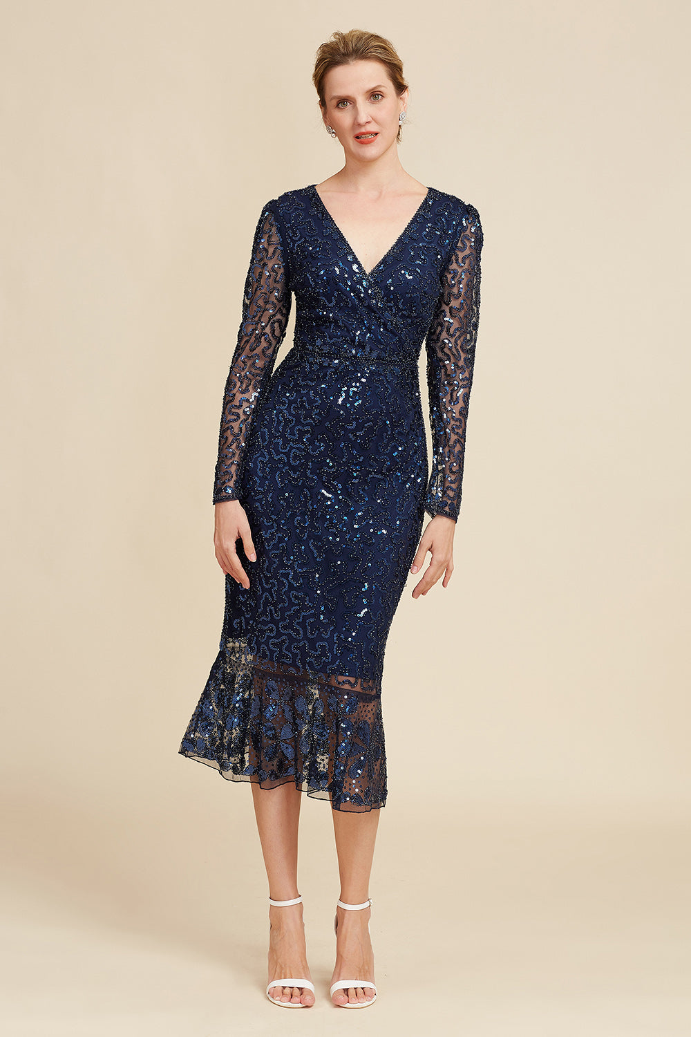 Navy Beaded and Sequin Midi Mother of Bride Dress