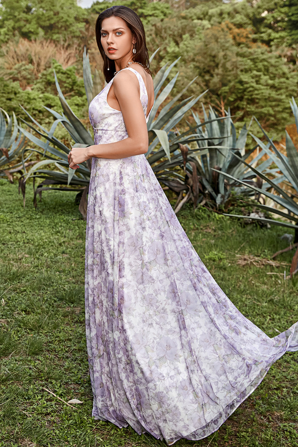 Ivory Purple A Line V-Neck Floral Printed Floor-Length Formal Dress With Slit