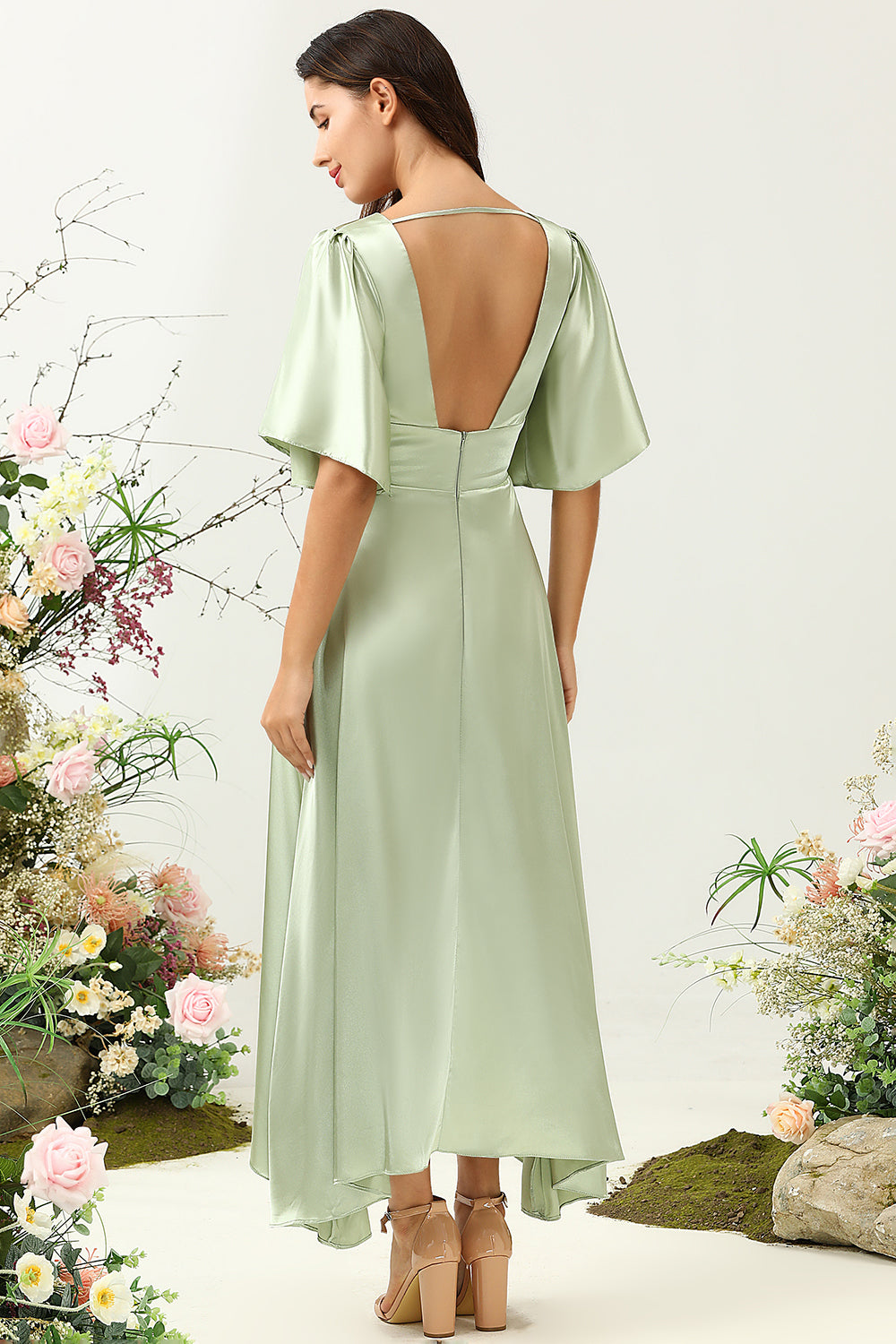 Dusty Sage A Line Deep V Neck Bridesmaid Dress with Half Sleeves