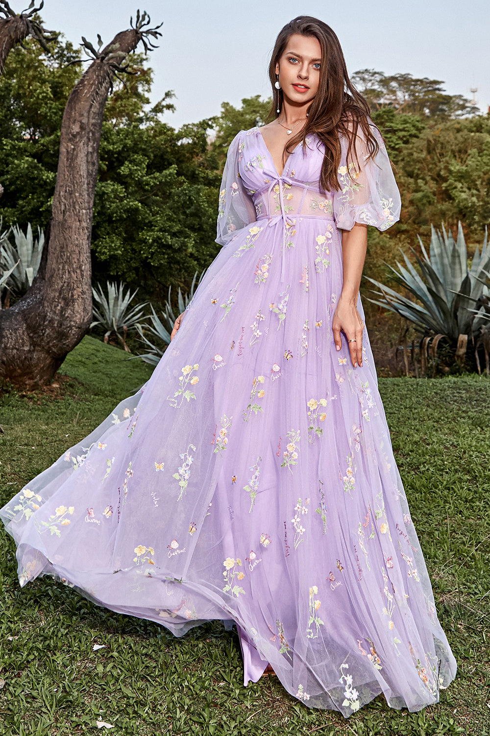 Lavender A-Line V-Neck Embroidery Floor Length Prom Dress with Short Sleeves