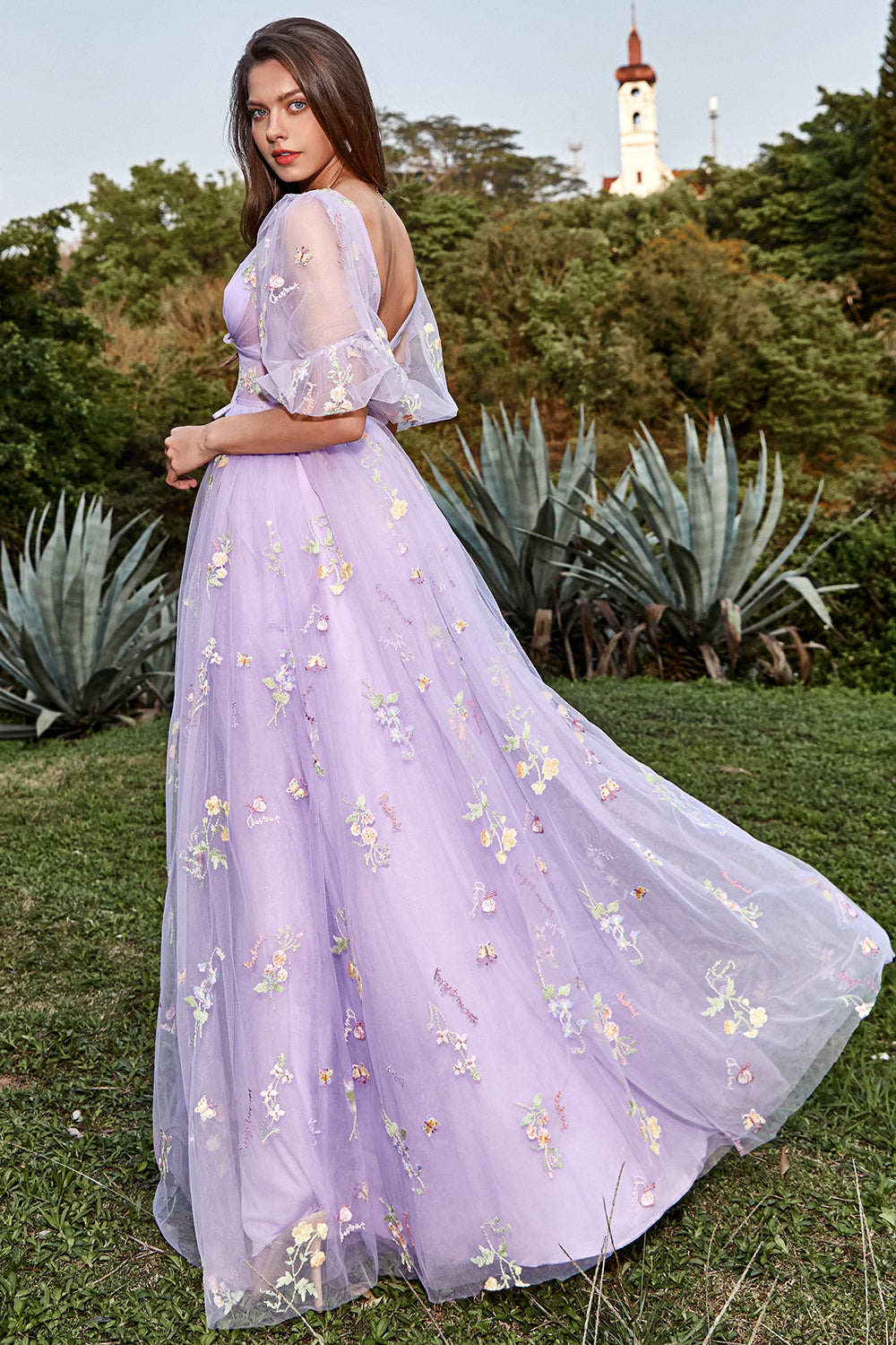 Lavender A-Line V-Neck Embroidery Floor Length Prom Dress with Short Sleeves