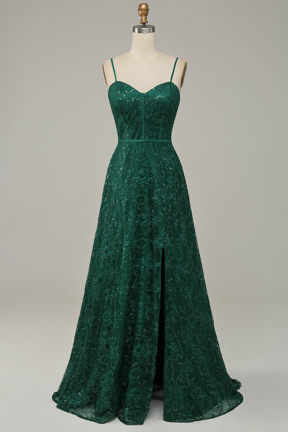 Dark Green A Line Spaghetti Straps Lace Corset Prom Dress with Slit