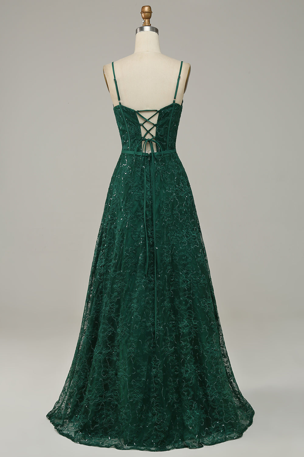 Dark Green A Line Spaghetti Straps Lace Corset Prom Dress with Slit