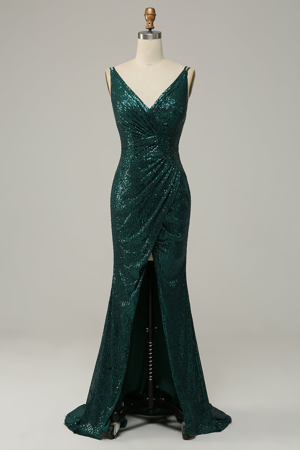 Dark Green Mermaid Sequined Spaghetti Straps Prom Dress With Slit