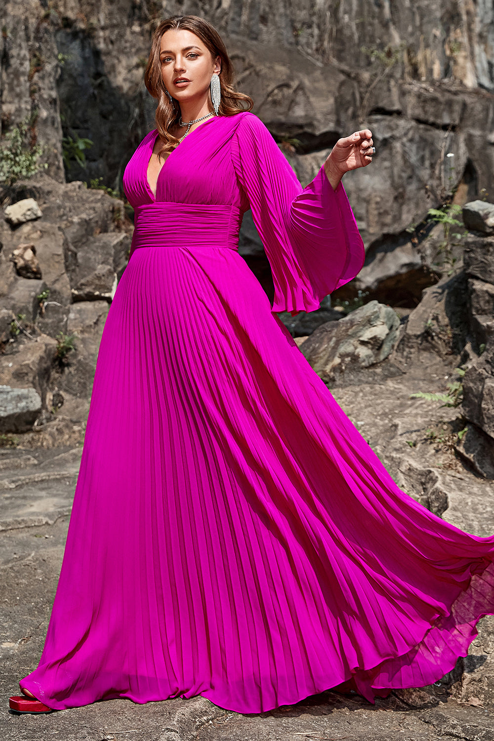 Fuchsia A Line V Neck Ruched Floor-Length Formal Dress With Long Sleeves