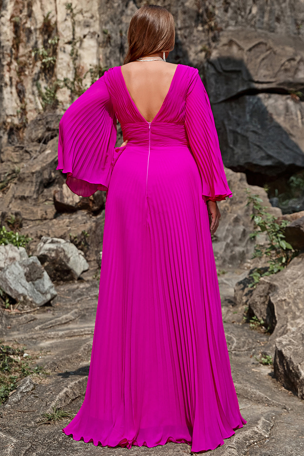 Fuchsia A Line V Neck Ruched Floor-Length Formal Dress With Long Sleeves