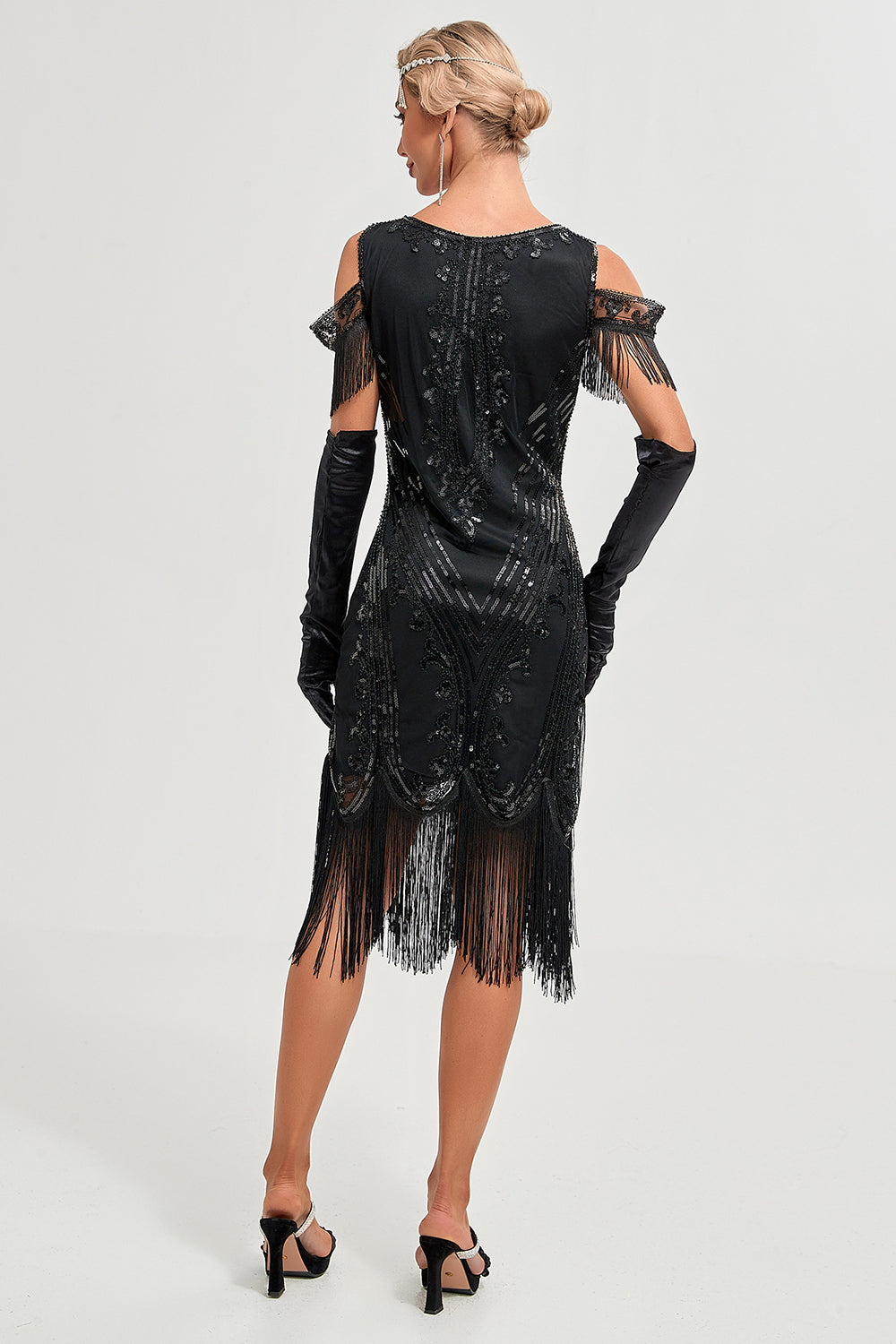 Black Cold Shoulder Sequins Fringes Flapper Gatsby Dress