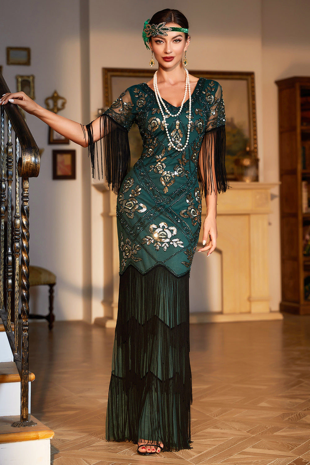 Sheath V Neck Dark Green Sequins Long Party Dress with Fringes