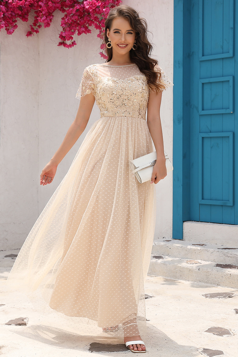 A Line Tulle Apricot Sequins Formal Prom Dress with Appliques