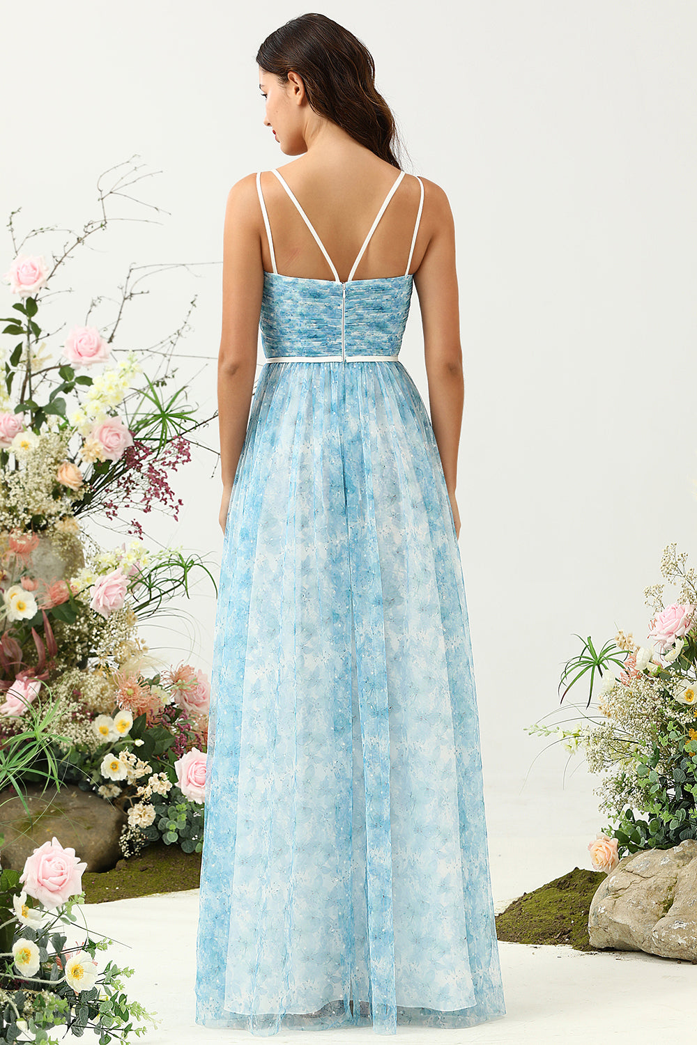 Blue A Line Spaghetti Straps Floral Print Tulle Floor Length Bridesmaid Dress