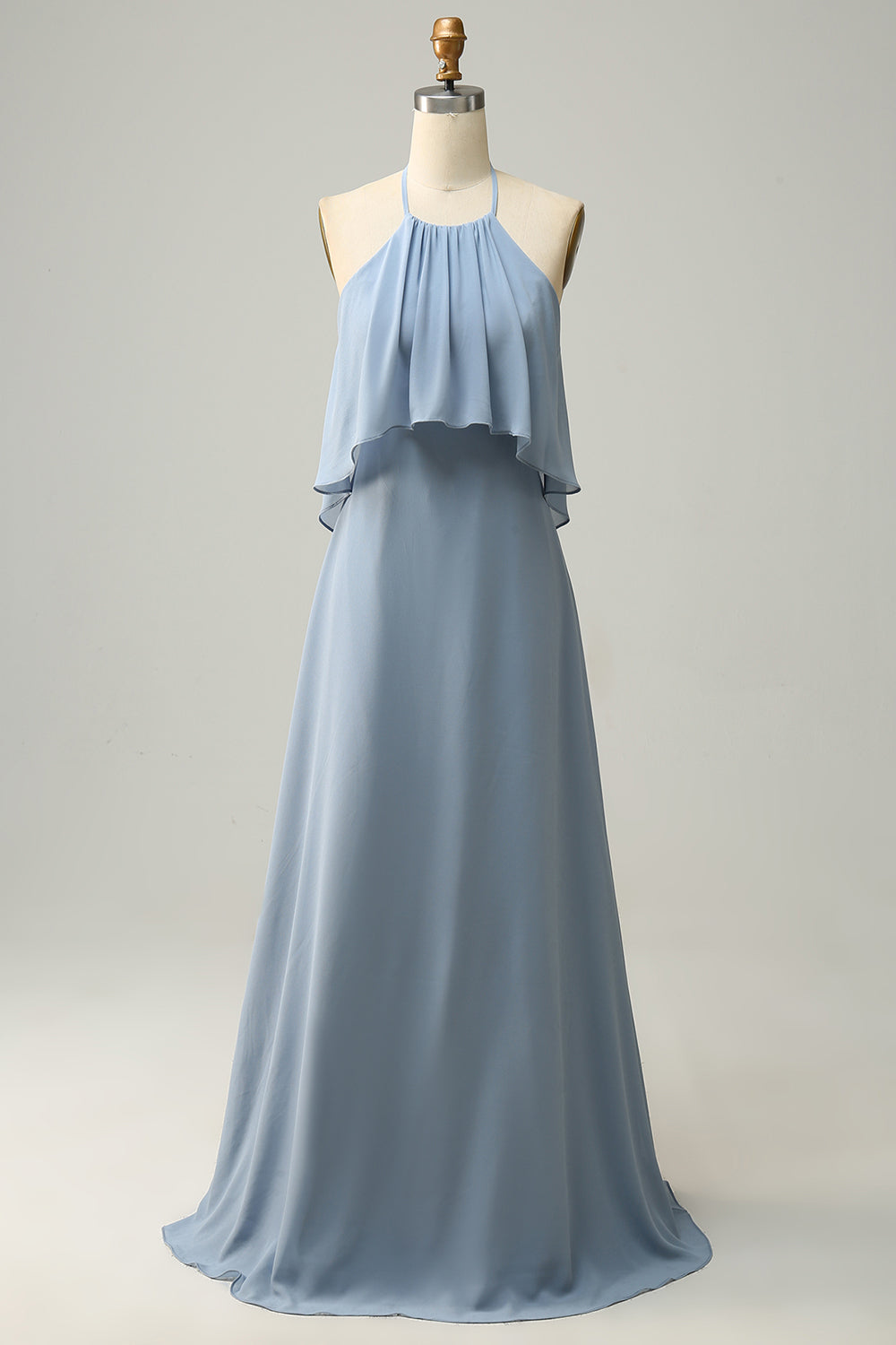 Blue A Line Halter 100D Chiffon Bridesmaid Dress with Ruffles