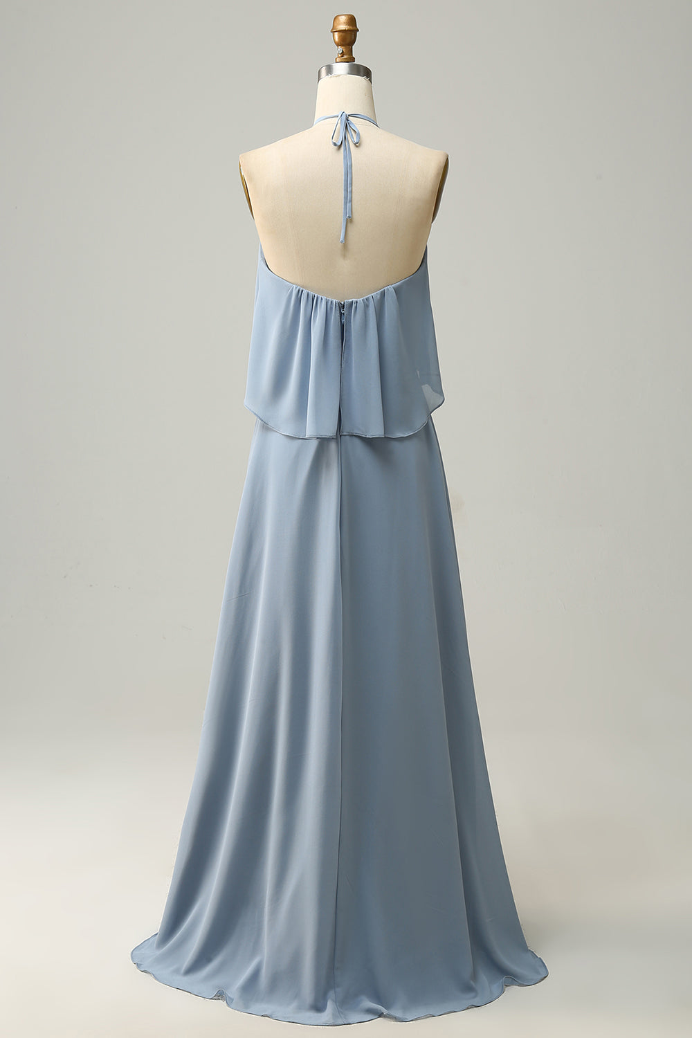 Blue A Line Halter 100D Chiffon Bridesmaid Dress with Ruffles