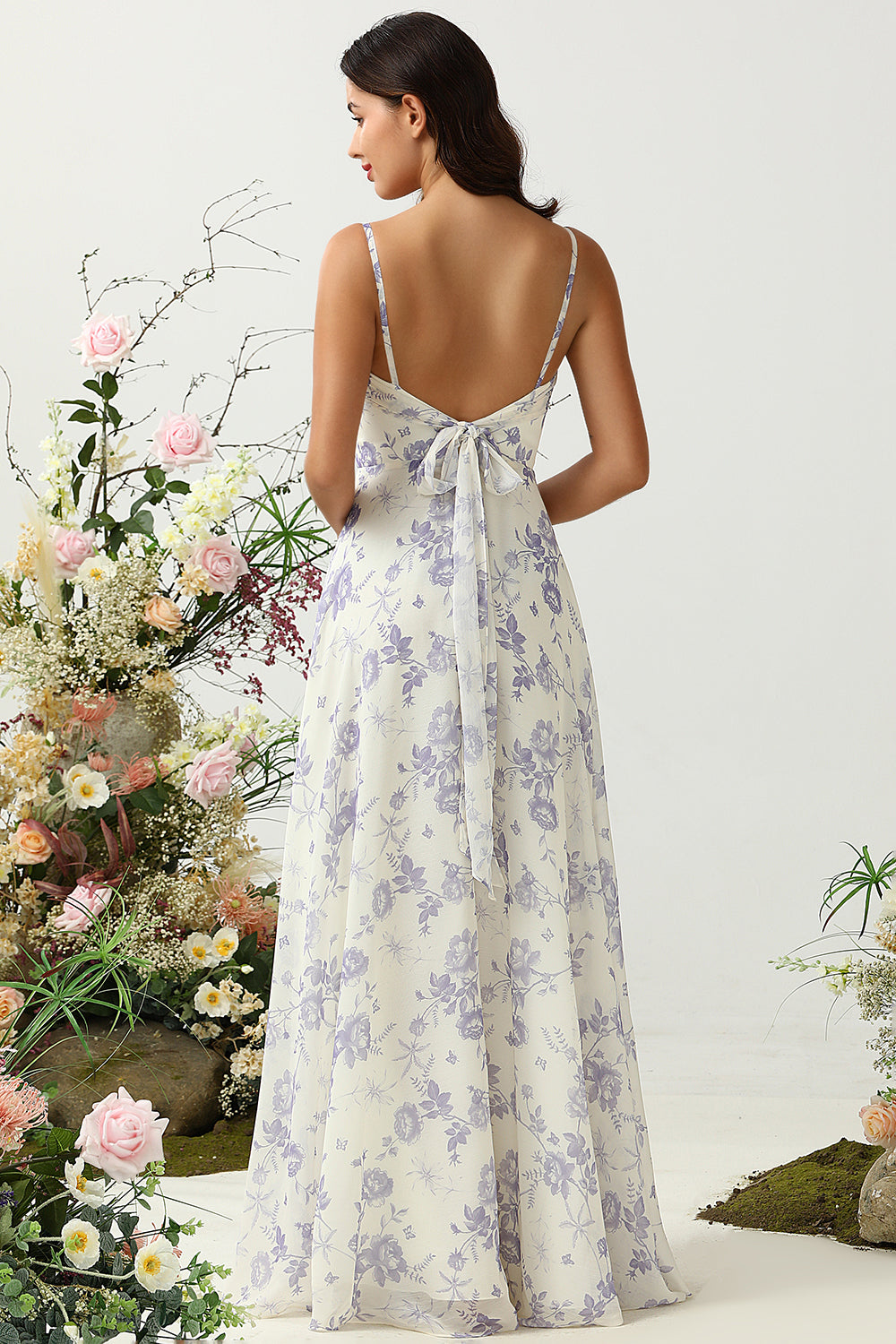 White Purple Flower A-Line Spaghetti Straps Chiffon Floor-Length Bridesmaid Dress