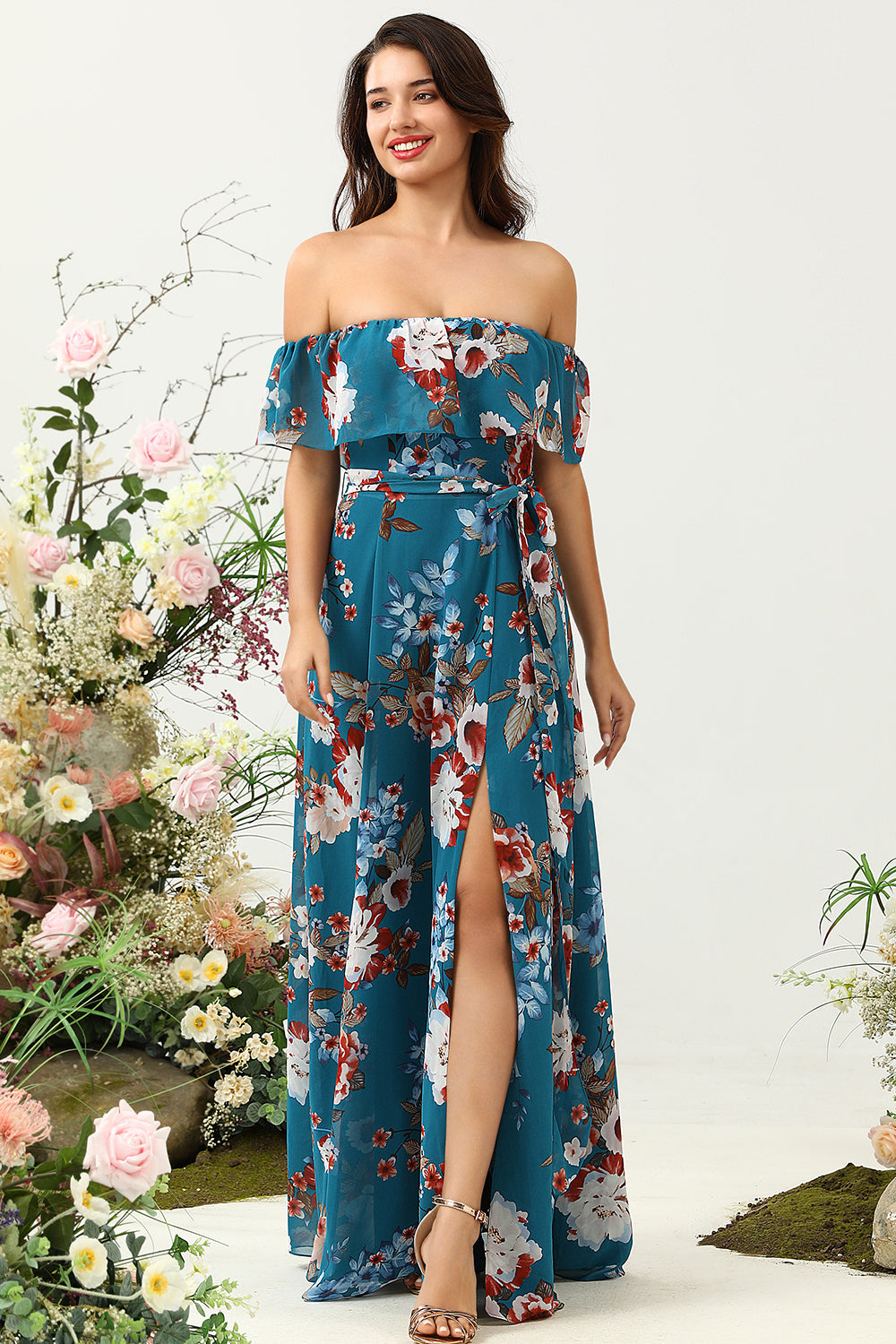 Dark Blue A Line Off The Shoulder Chiffon Print Floral Bridesmaid Dress