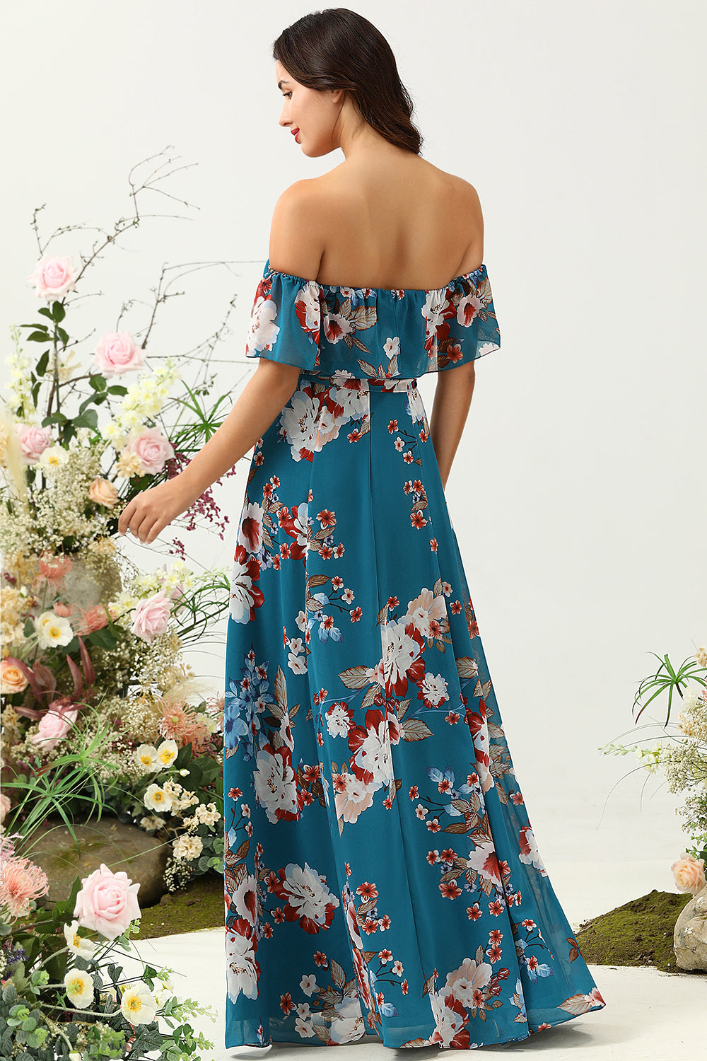 Dark Blue A Line Off The Shoulder Chiffon Print Floral Bridesmaid Dress