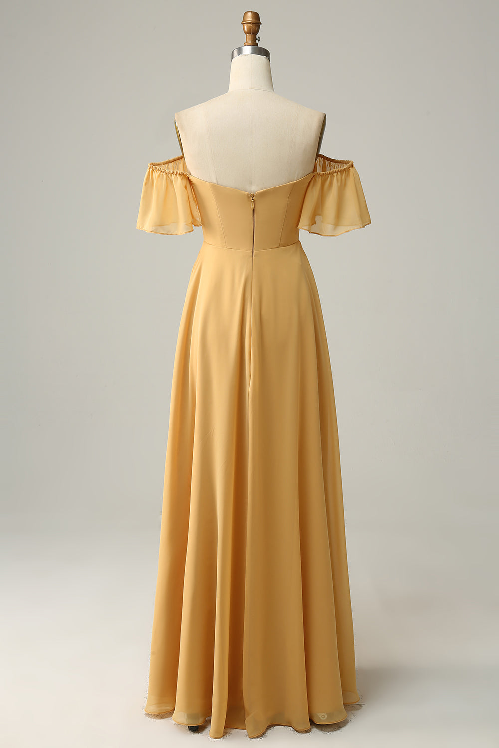 Yellow A Line Off The Shoulder Chiffon Bridesmaid Dress with Ruffles