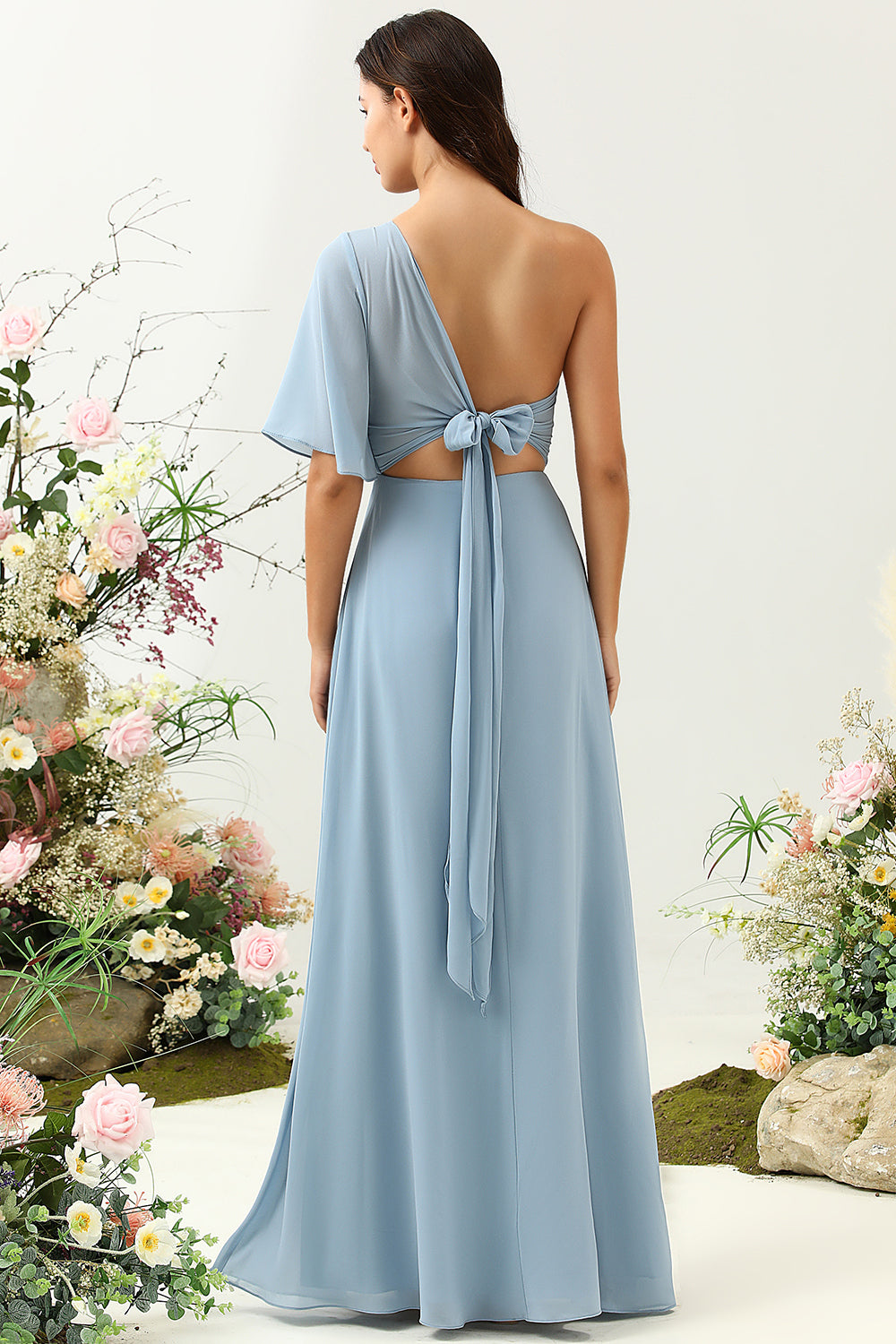 Grey Blue A Line One Shoulder Chiffon Boho Bridesmaid Dress