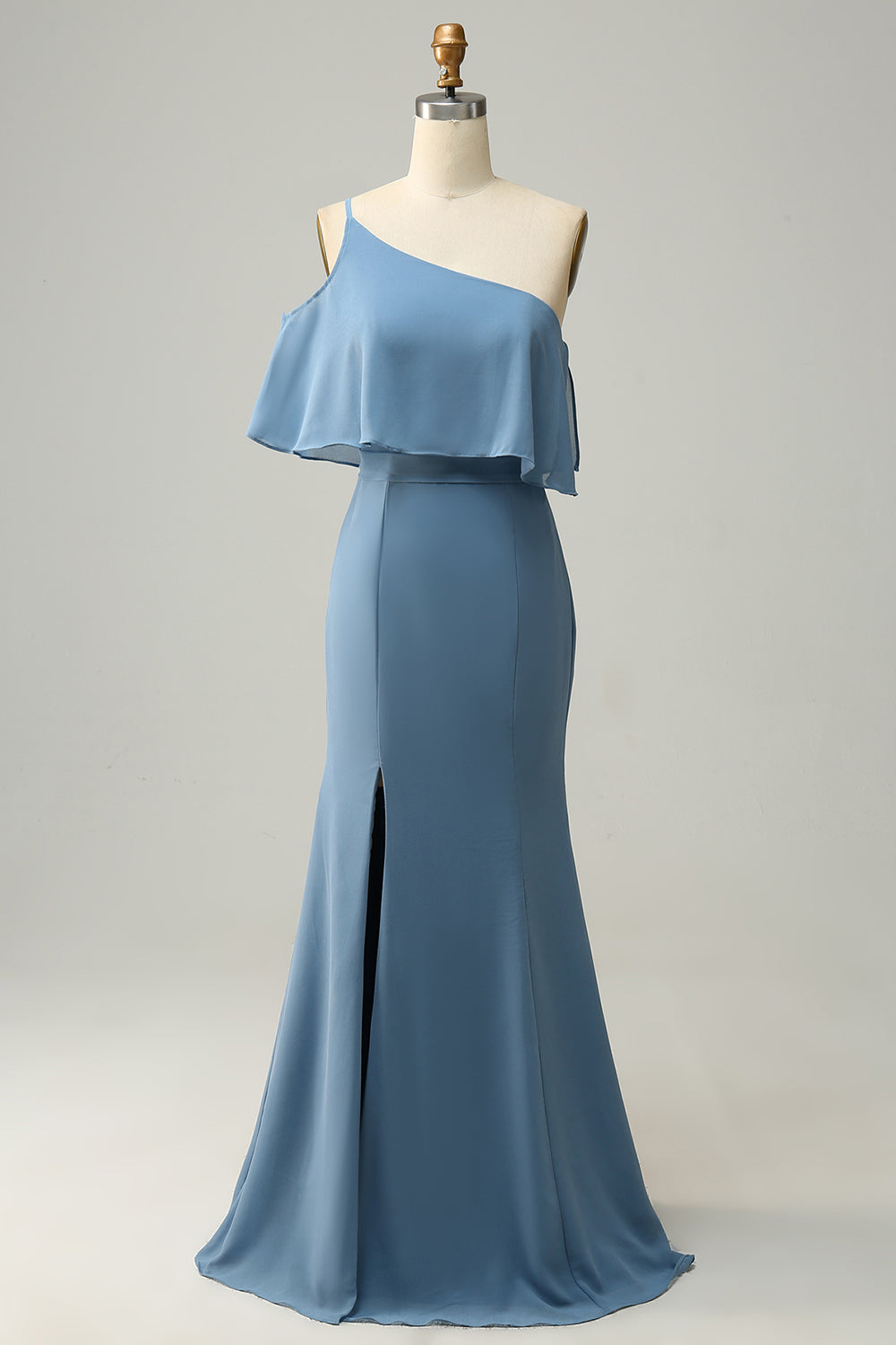 Blue Mermaid One Shoulder 100D Chiffon Bridesmaid Dress with Ruffles