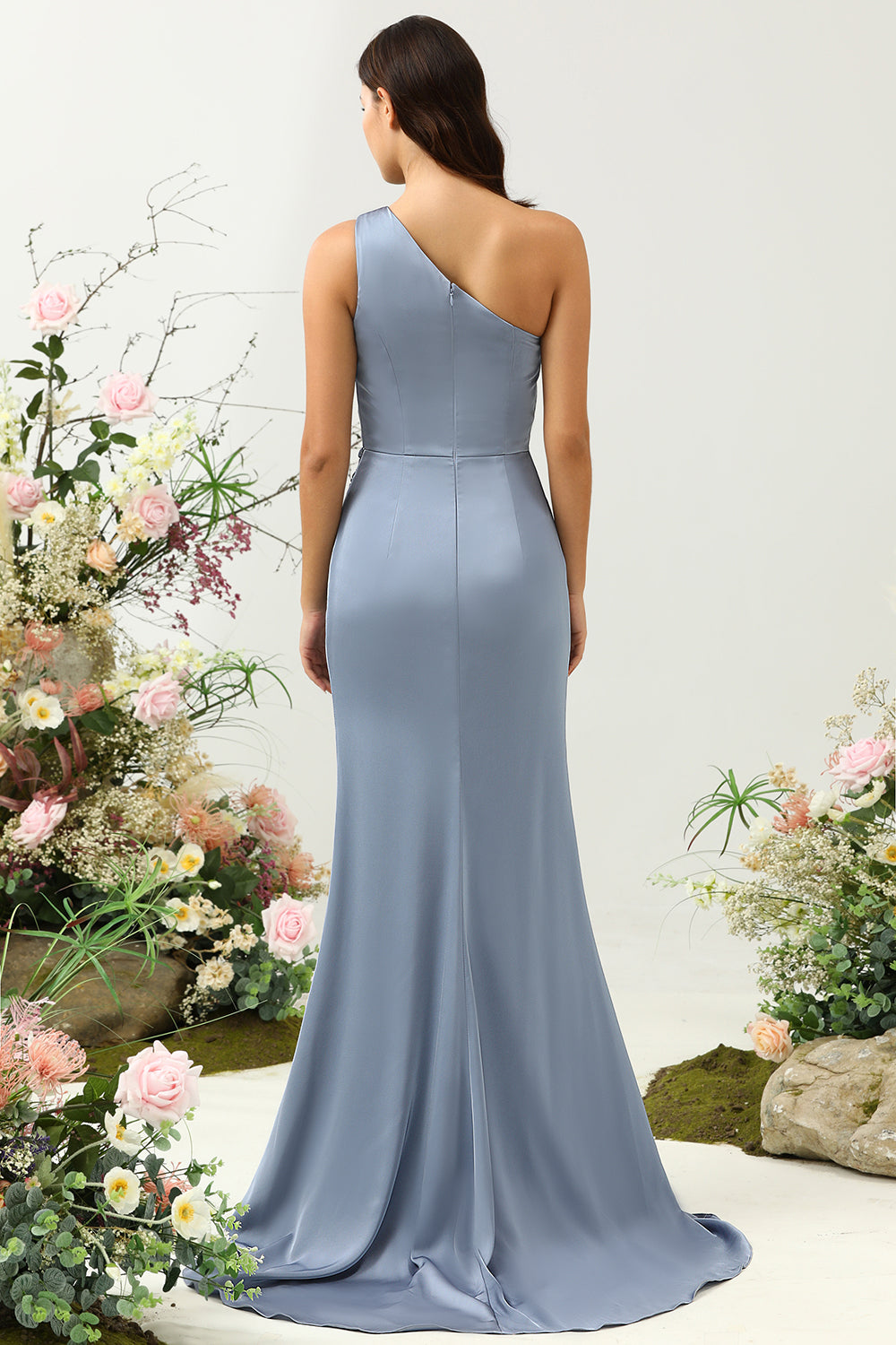 Dusty Blue Mermaid One Shoulder Ruched Bright Satin Bridesmaid Dress