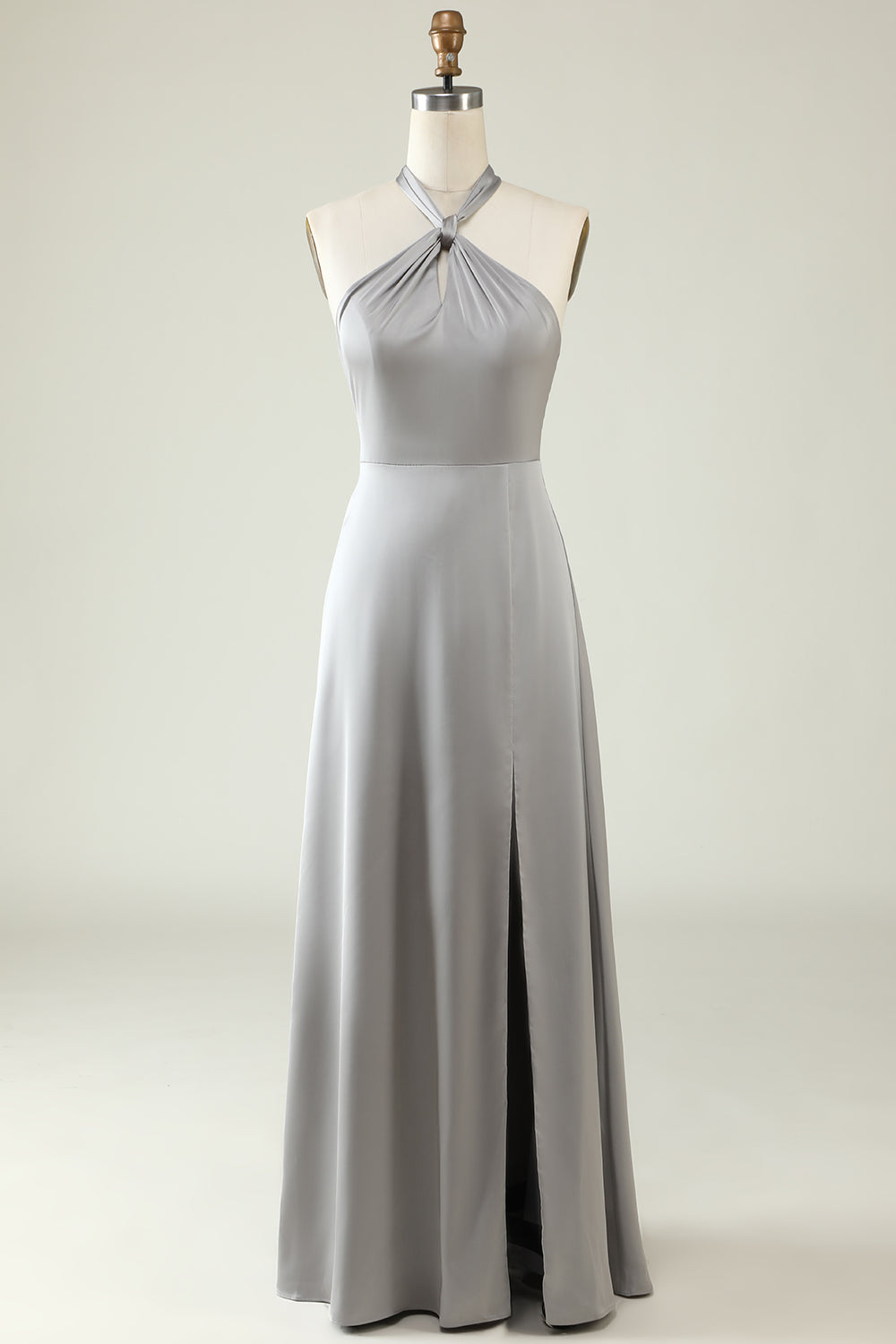 Grey A-Line Halter Backless Bright Satin Bridesmaid Dress with Slit