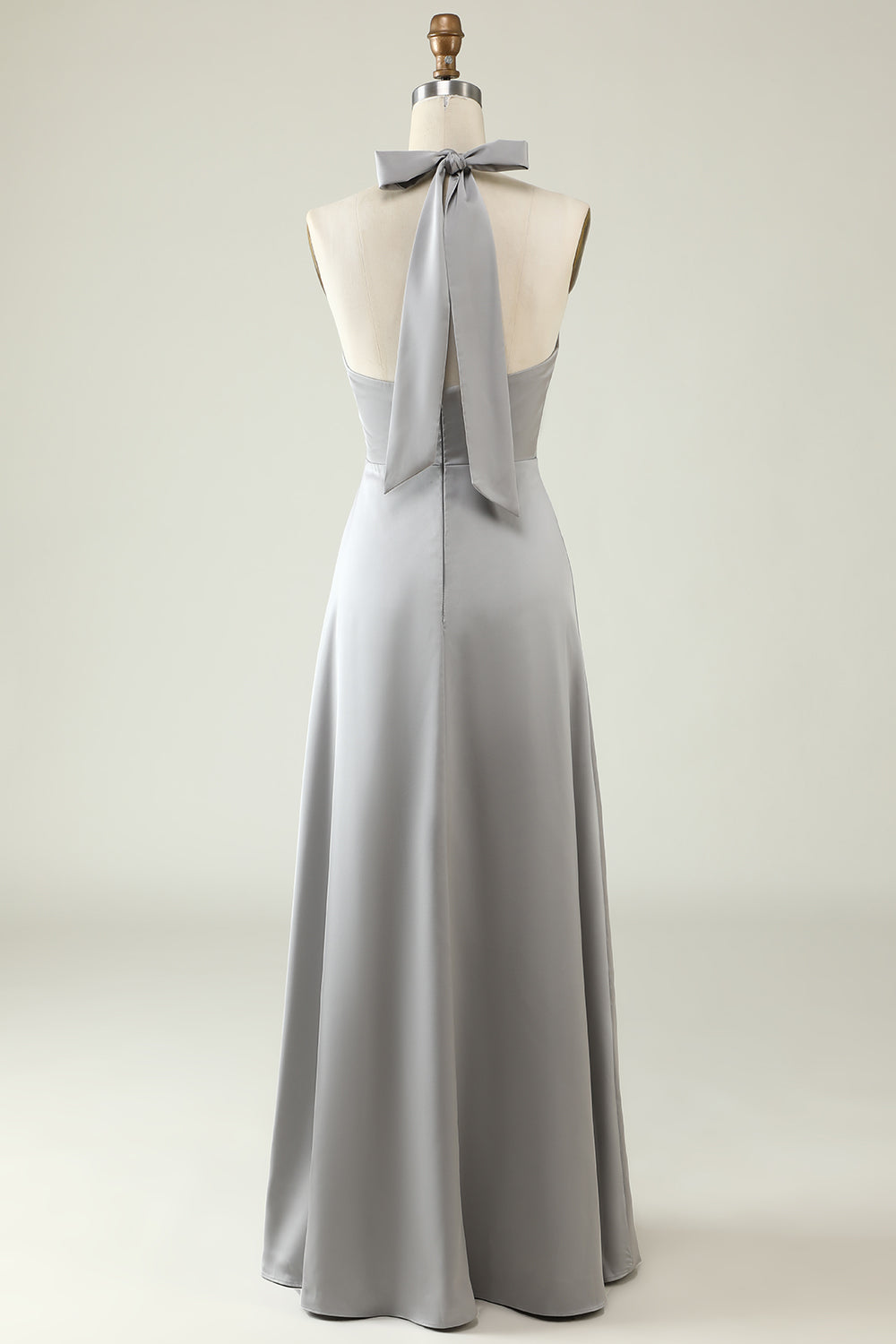 Grey A-Line Halter Backless Bright Satin Bridesmaid Dress with Slit