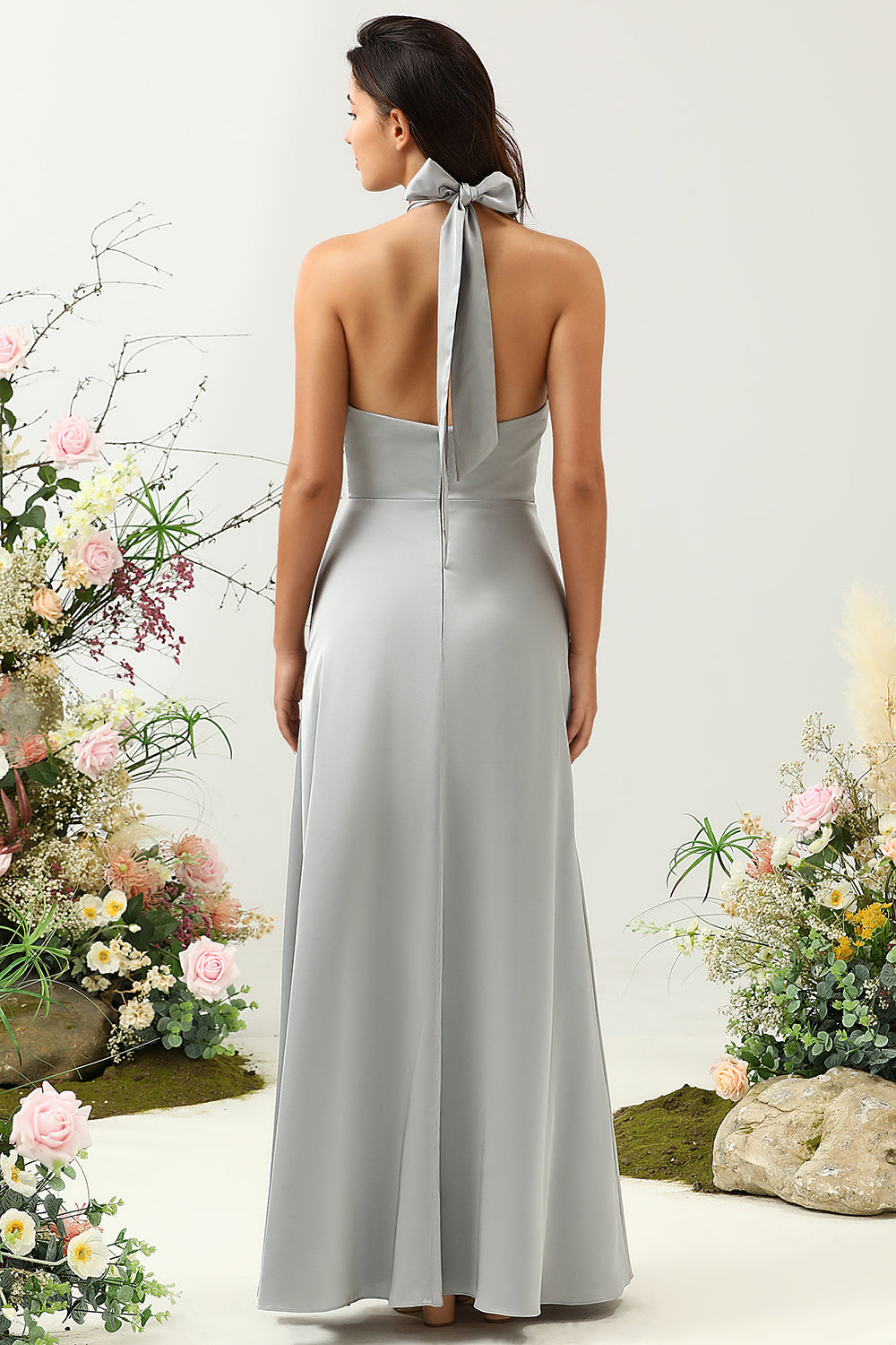 Grey A-Line Halter Bright Satin Floor-Length Bridesmaid Dress with Slit