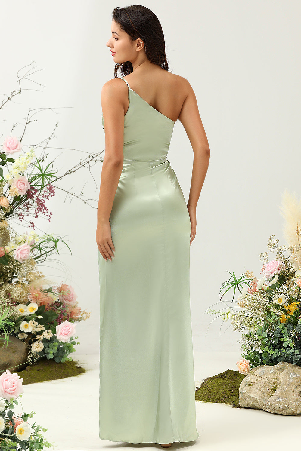 Sage A Line One Shoulder Bright Satin Bridesmaid Dress with Slit