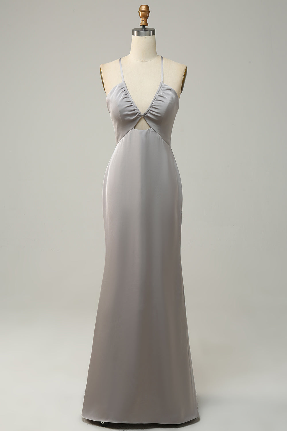 Grey Sheath Spaghetti Straps Bright Satin Bridesmaid Dress