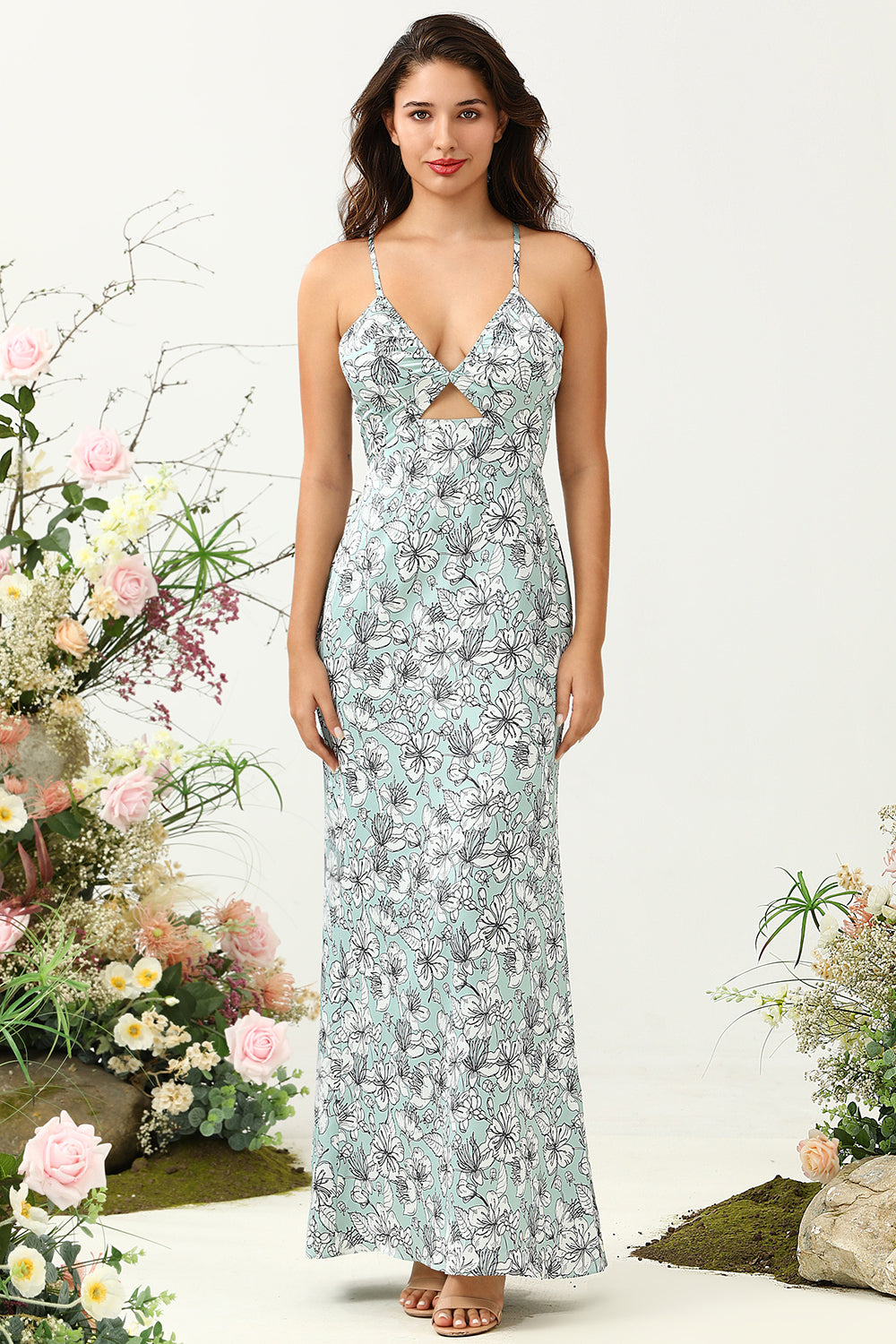 Grey Green Mermaid Spaghetti Straps Bright Satin Floral Bridesmaid Dress