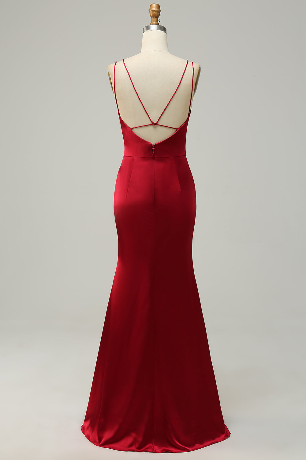 Burgundy Mermaid Spaghetti Straps Satin Bridesmaid Dress with Open Back