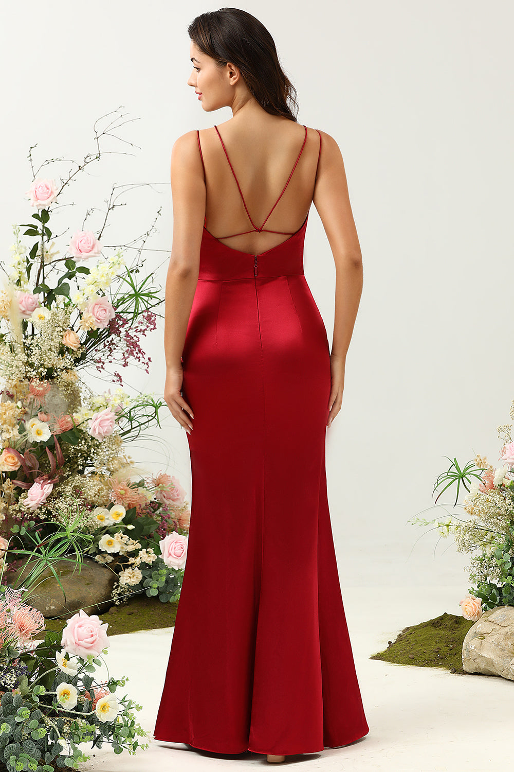 Mermaid Spaghetti Straps Long Satin Burgundy Bridesmaid Dress with Open Back