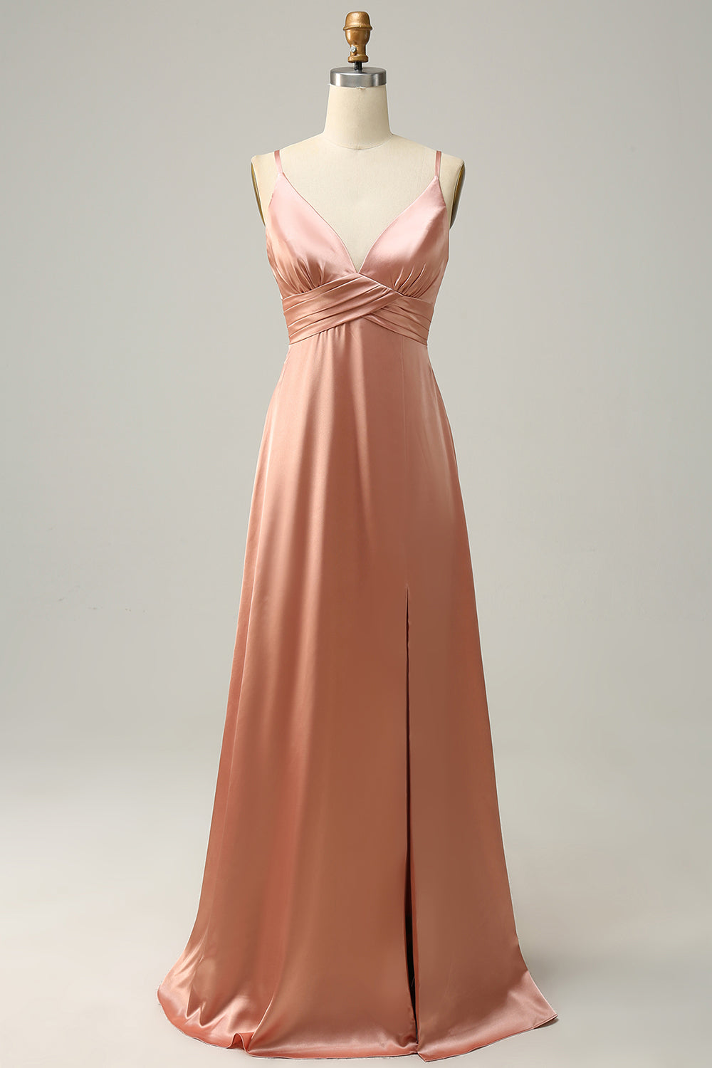 Blush A Line Spaghetti Straps Pleated Long Satin Bridesmaid Dress with Slit