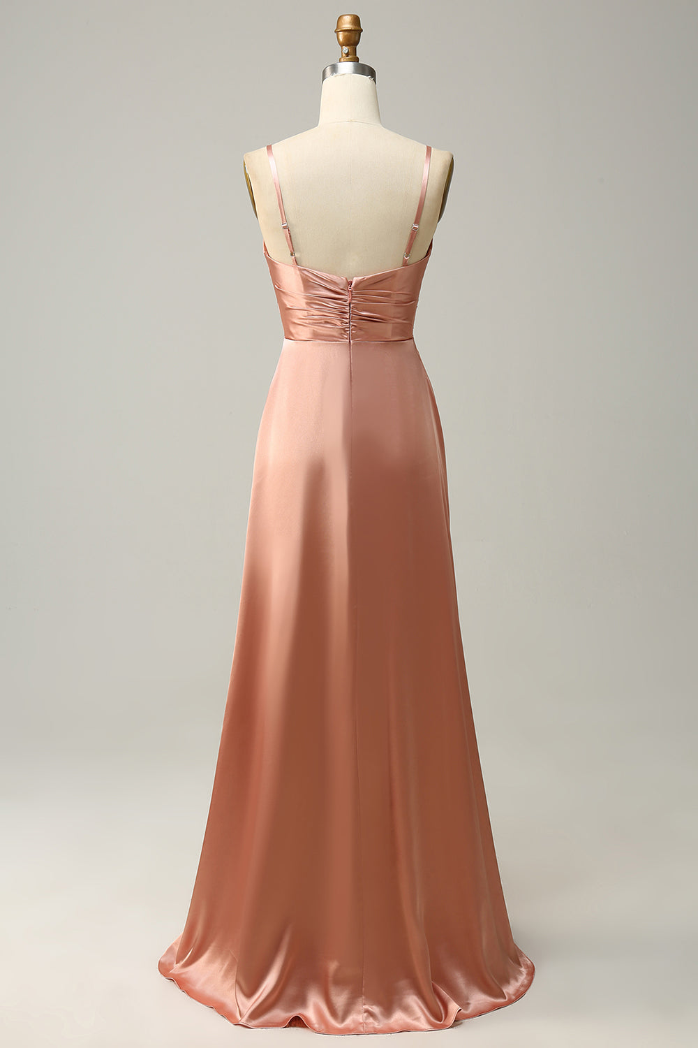 Blush A Line Spaghetti Straps Pleated Long Satin Bridesmaid Dress with Slit