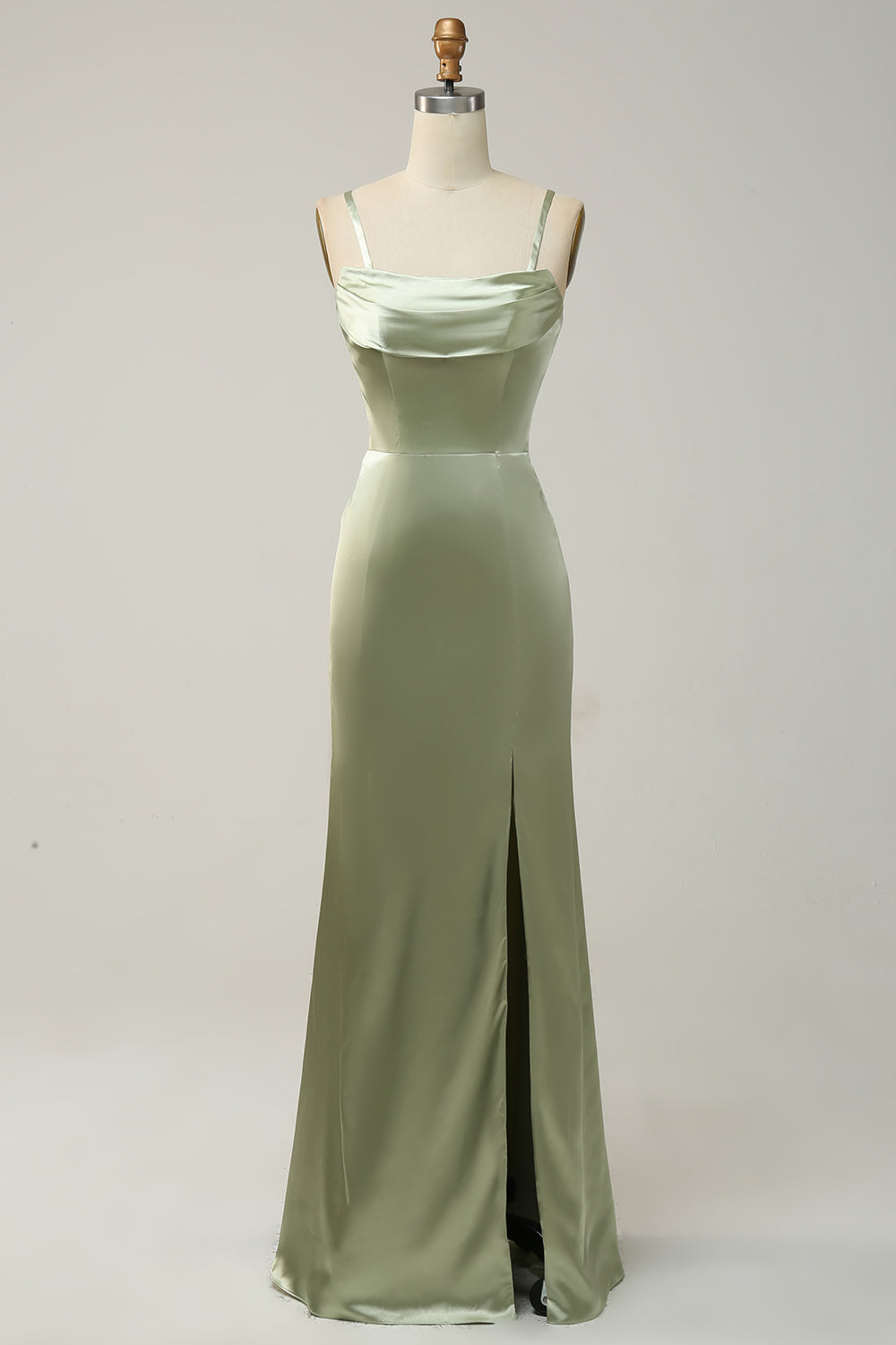 Green Sheath Convertible Strapless Satin Floor-Length Dress with Slit