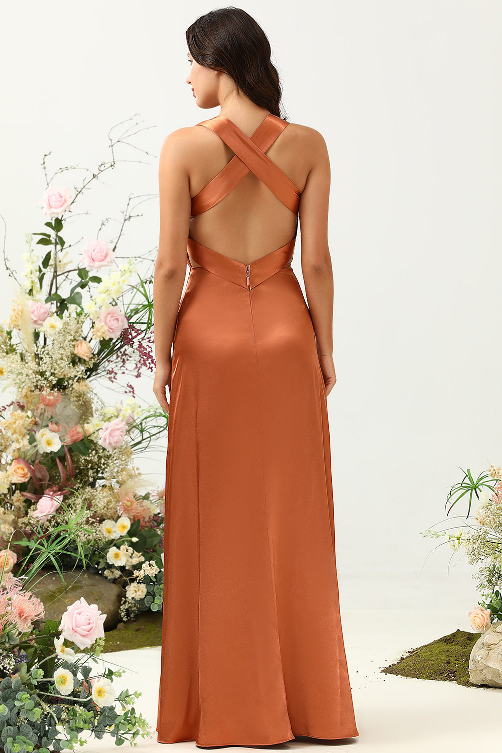 Copper A Line V Neck Bright Satin Bridesmaid Dress with Open Back