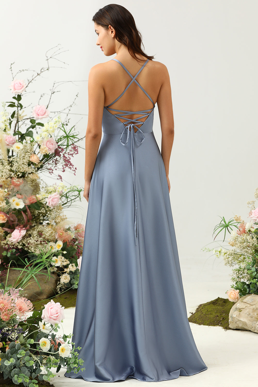 Grey Blue A Line Spaghetti Straps Bright Satin Bridesmaid Dress with Ruffles