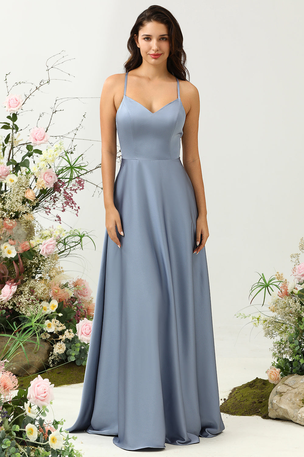 Grey Blue A Line Spaghetti Straps Bright Satin Bridesmaid Dress with Ruffles