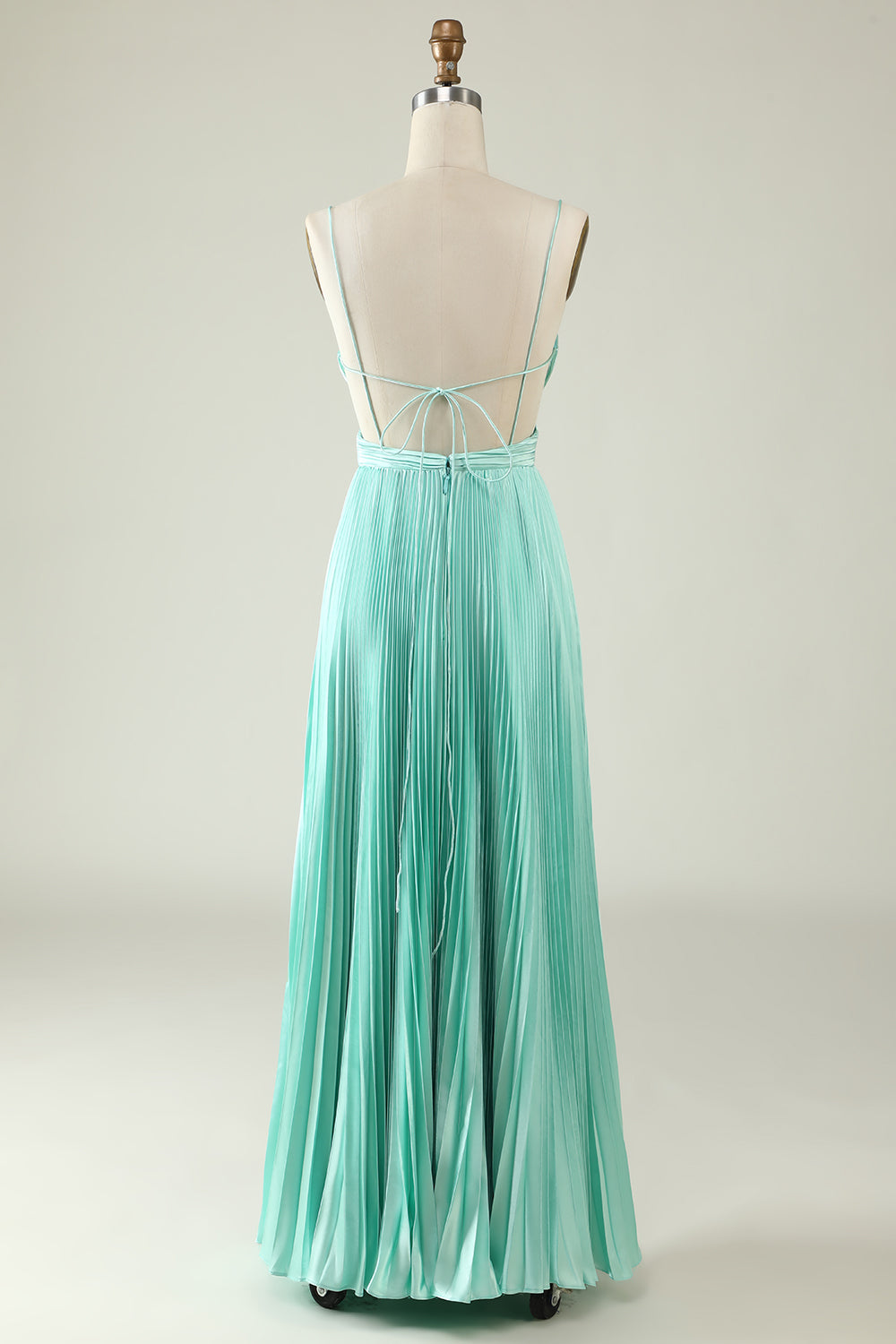 Mint Green A Line Spaghetti Straps Pleated Long Bridesmaid Dress