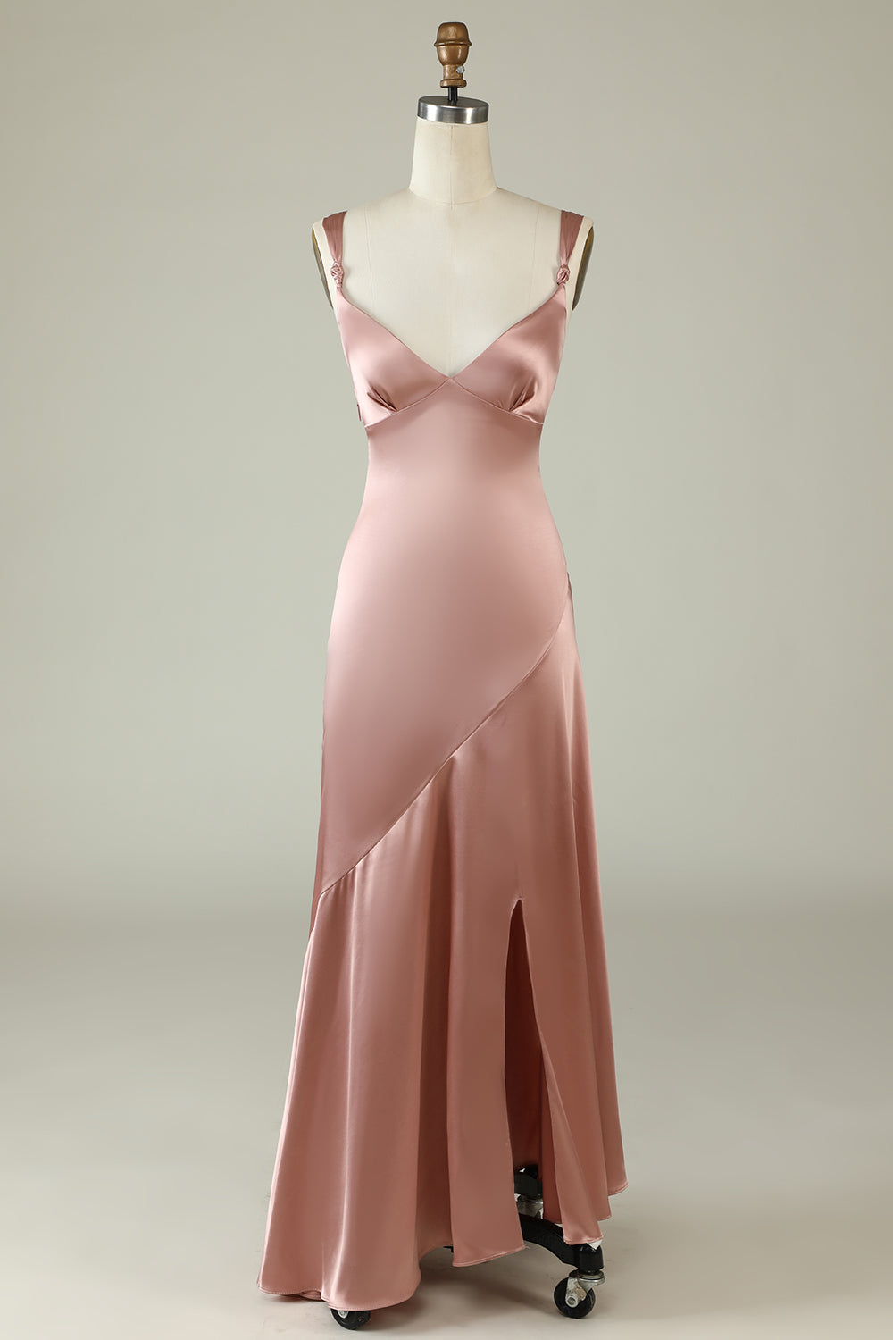 Blush Asymmetrical Spaghetti Straps Bridesmaid Dress with Slit